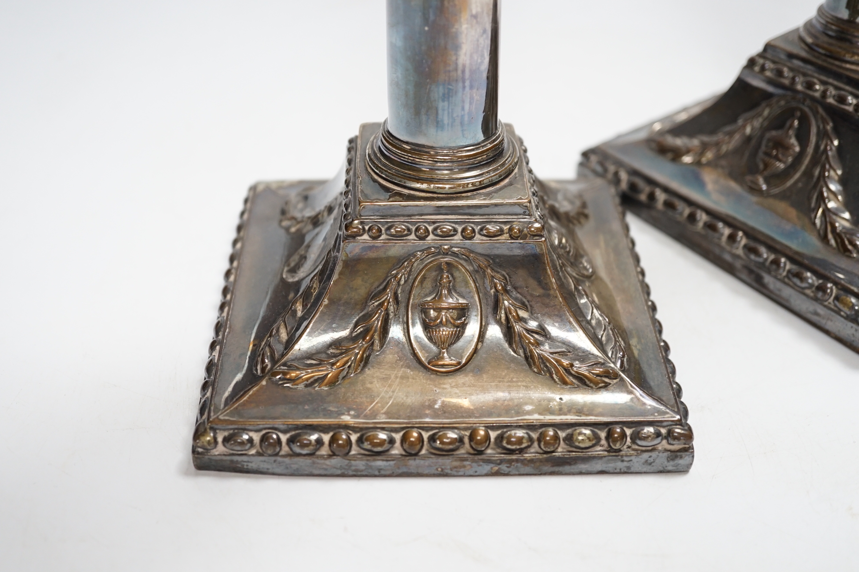 A pair of Georgian Old Sheffield Plate candlesticks, 31.5cm